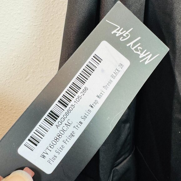 Nasty Gal size 24 Fringe Trim Satin Wrap Maxi Dress Sleeveless black NWT - Picture 9 of 9